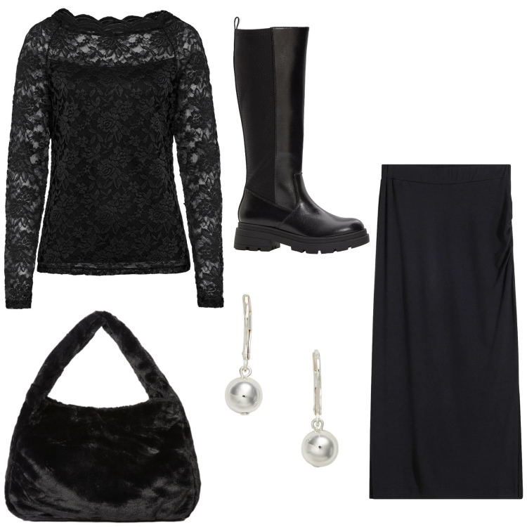 Outfit donna - Feste in arrivo. Stile Glamour per Serata fuori. Abbinamento con maglieria, stivali, gonne longuette, orecchini, borse a spalla.