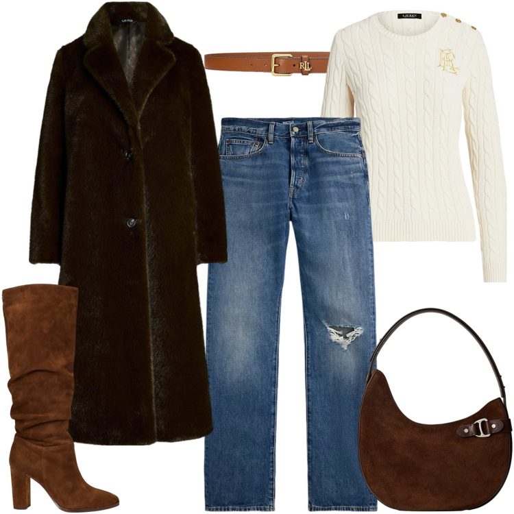 Outfit donna - Cappotto in ecopelliccia Lauren total lo. Stile Casual chic per Tutti i giorni. Abbinamento con borse a spalla, maglieria, stivali, cappotti, cinture, jeans dritti.
