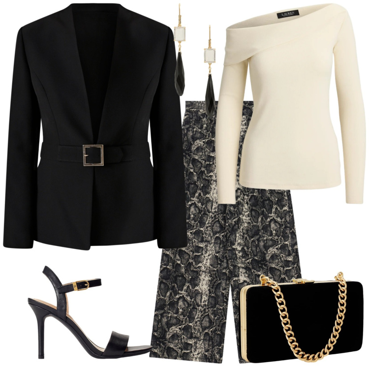 Outfit donna - Concerto di natale. Stile Glamour per Serata fuori. Abbinamento con pantaloni a palazzo, blazer, top, clutch, sandali in pelle, orecchini.
