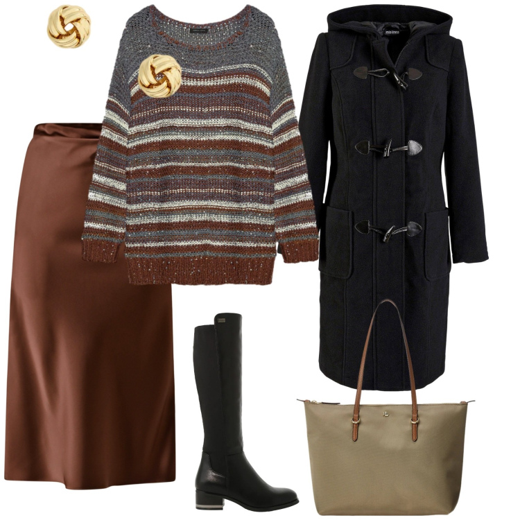 Outfit donna - Il pull a righe. per Tutti i giorni. Abbinamento con montgomery, gonne longuette, stivali sopra il ginocchio, borse tote, orecchini, maglieria.
