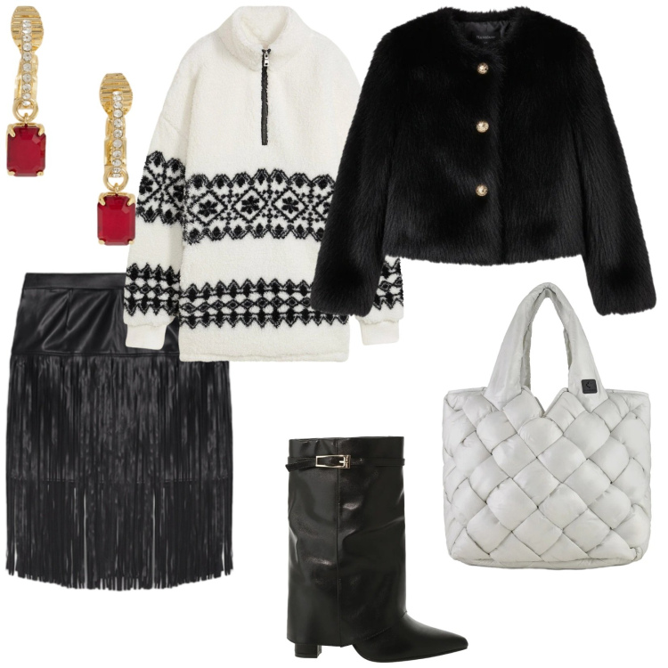 Outfit donna - Per le feste. per Serata fuori. Abbinamento con maglieria, ecopellicce, stivali, orecchini, borse tote, minigonne.