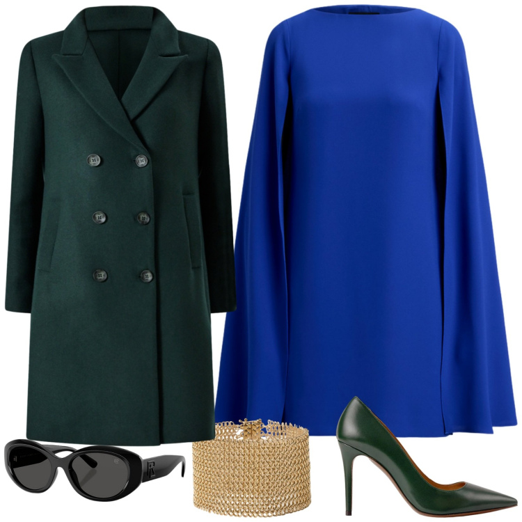 Outfit donna - Diva d\'altri tempi. Stile Chic per Cerimonia. Abbinamento con cappotti, vestiti, occhiali da sole, décolleté, braccialetti.