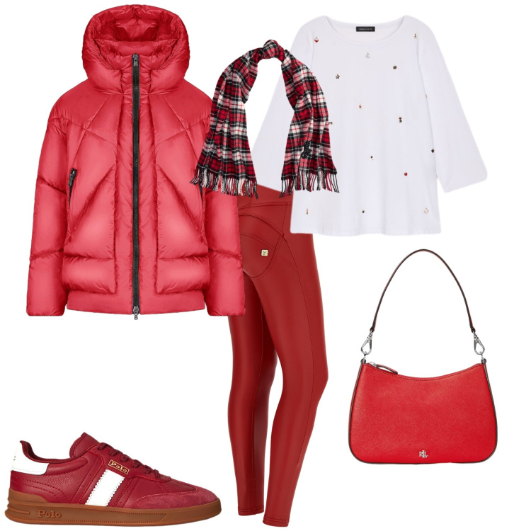Outfit donna - Trendy rosso e bianco. Stile Trendy per Tutti i giorni. Abbinamento con pantaloni skinny, sneakers, borse a spalla, sciarpe, piumini, t-shirt.