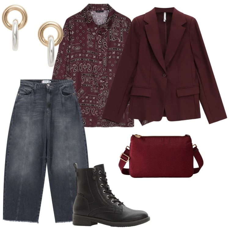 Outfit donna - Organizziamo la festa. per Tutti i giorni. Abbinamento con stivaletti, pantaloni a palazzo, blazer, borse a tracolla, orecchini, bluse.