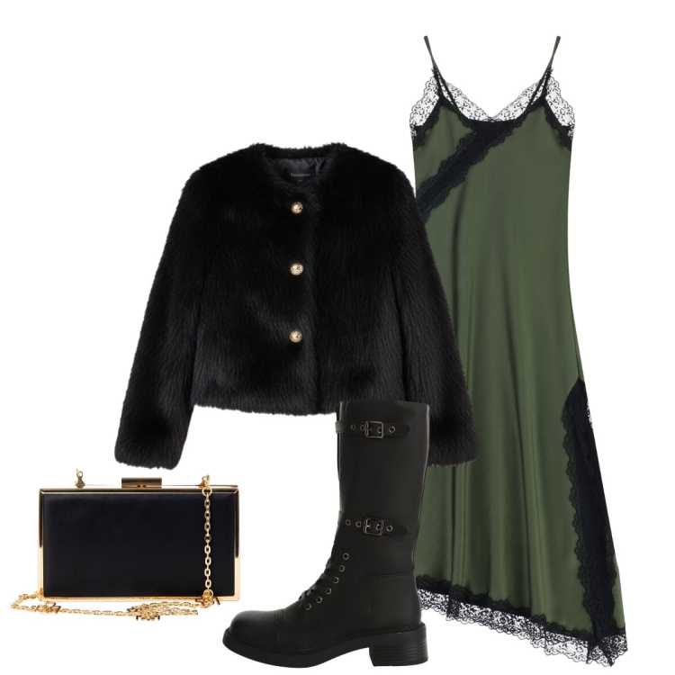 Outfit donna - Per la serata. Stile Glamour per Serata fuori. Abbinamento con ecopellicce, pochette, vestiti asimmetrici, stivali.