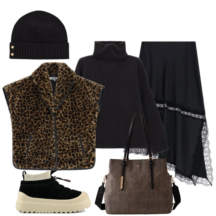 Outfit donna - La gonna asimmetrica nera. Stile Glamour per Tutti i giorni. Abbinamento con cappotti, maglieria, gonne lunghe, shopping bag, berretti, stivaletti.