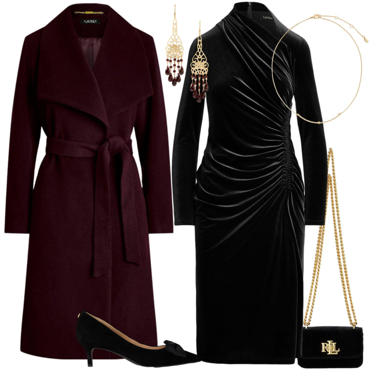 Outfit donna - Chic - Ralph Lauren. Stile Chic per Serata fuori. Abbinamento con cappotti, décolleté, orecchini, pochette, vestiti asimmetrici, collane.