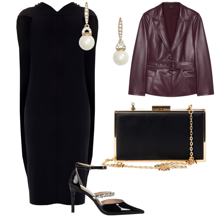 Outfit donna - Eleganza. per Serata fuori. Abbinamento con pochette, décolleté, vestiti lunghi, orecchini, blazer.