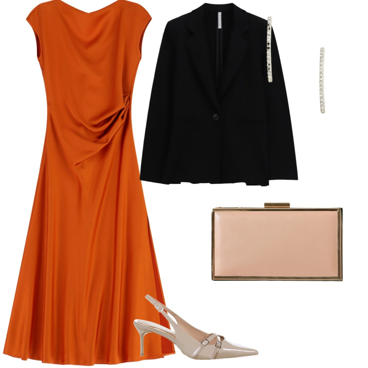 Outfit donna - Natale in arancione. per Cerimonia. Abbinamento con pochette, décolleté, vestiti lunghi, blazer, orecchini.