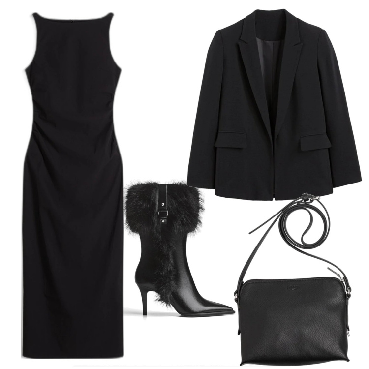 Outfit mujer - Total black. Estilo Minimal para Noche/Fiesta elegante. Combinación con bolsos saco, blazers, vestidos midi/longuettes, botines.
