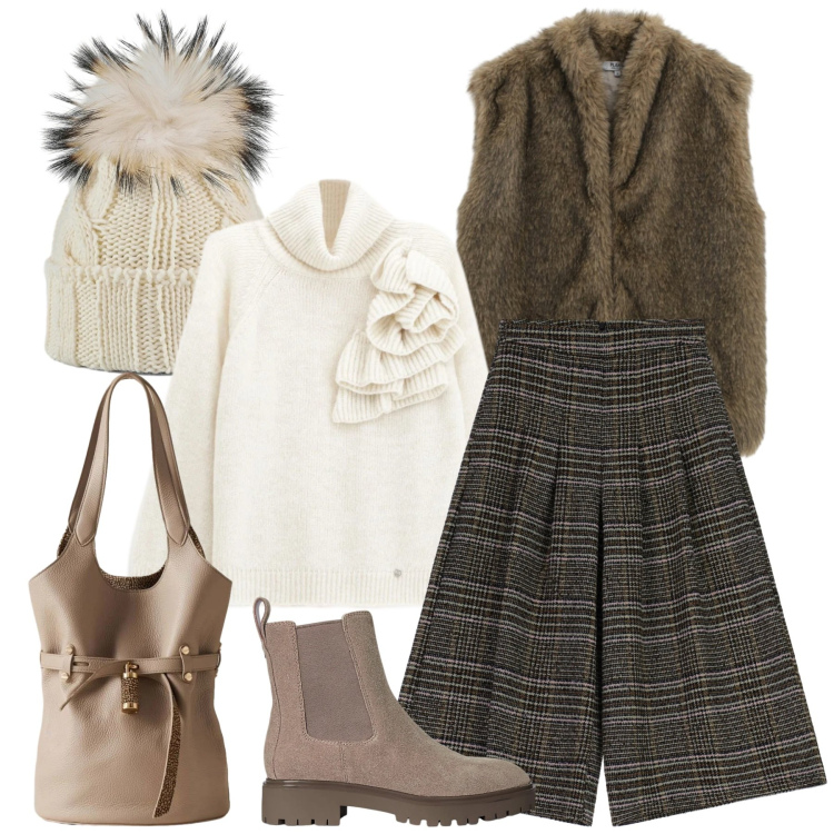 Outfit donna - Lana & C.. Stile Casual chic per Tutti i giorni. Abbinamento con maglieria, blazer, pantaloni a palazzo, borse a secchiello, stivaletti chelsea, berretti.