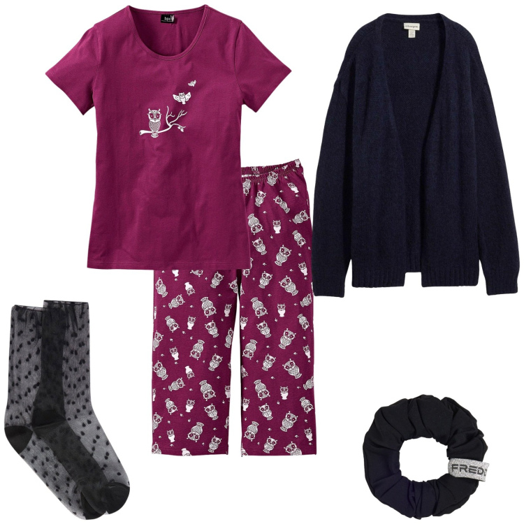 Outfit donna - Tanto gufi. Stile Basic per Tutti i giorni. Abbinamento con pigiama, cardigans, accessori per capelli, calzini.
