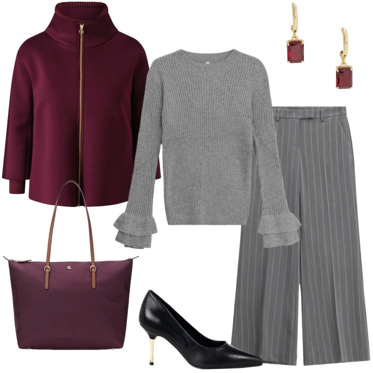 Outfit donna - Minimal, caldo ed elegante. Stile Minimal per Ufficio. Abbinamento con décolleté, cappe, maglieria, pantaloni a palazzo, borse tote, orecchini.