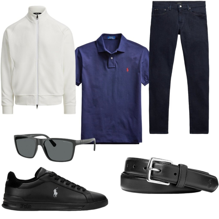Outfit uomo - Cena elegante. Stile Urban per Serata speciale. Abbinamento con cinture, polo, sneakers, giacche, occhiali da sole, jeans.