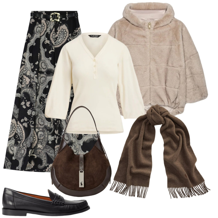 Outfit donna - Caldo e confortevole. Stile Casual chic per Tutti i giorni. Abbinamento con gonne lunghe, borse a spalla, maglieria, mocassini, sciarpe, ecopellicce.