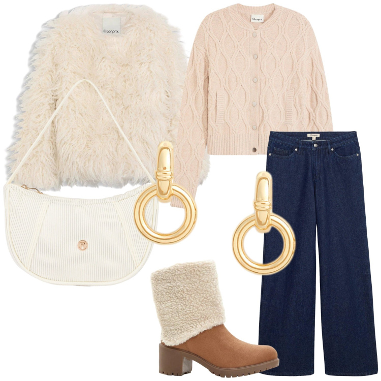 Outfit donna - Serata al karaoke. Stile Casual chic per Serata fuori. Abbinamento con cardigans, ecopellicce, jeans, stivaletti, borse a mano, orecchini.