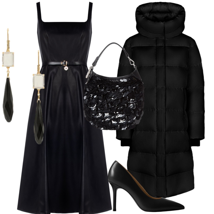 Outfit donna - Indimenticabile serata. Stile Chic per Serata fuori. Abbinamento con vestiti midi/longuette, piumini, décolleté, orecchini, pochette.