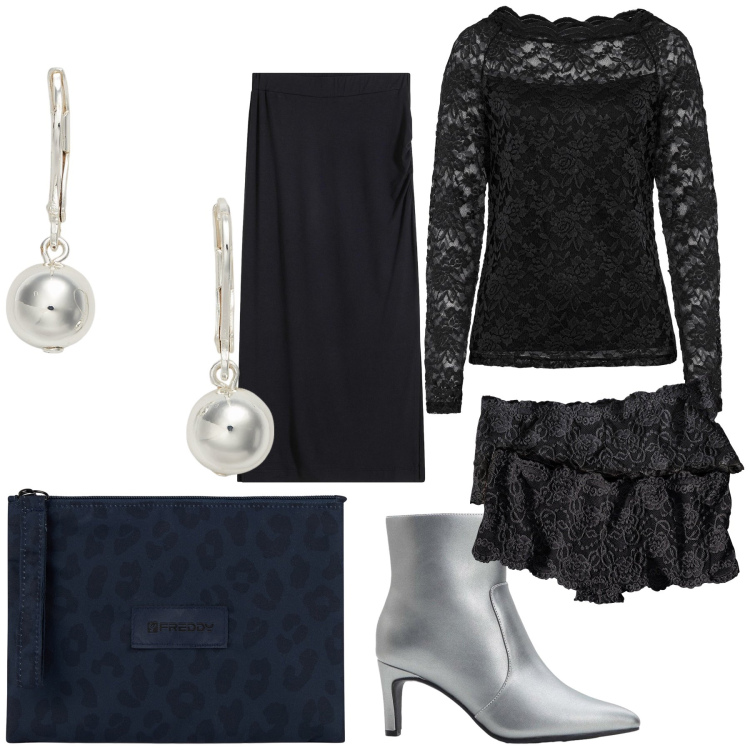 Outfit donna - La blusa in pizzo fa il look. Stile Bon Ton per Serata fuori. Abbinamento con culotte, maglieria, stivaletti, gonne longuette, clutch, orecchini.