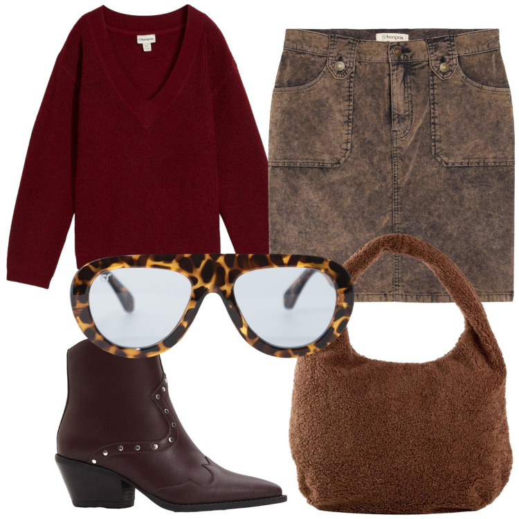 Outfit donna - Pomeriggio fuori. Stile Trendy per Tutti i giorni. Abbinamento con stivaletti texani, minigonne, shopping bag, maglieria, occhiali da sole.