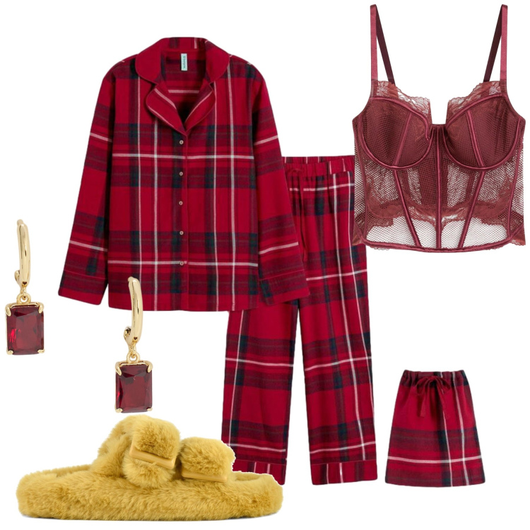 Outfit donna - Notte di Natale. Stile Trendy per Tutti i giorni. Abbinamento con pigiama, bralette, orecchini, ciabatte.