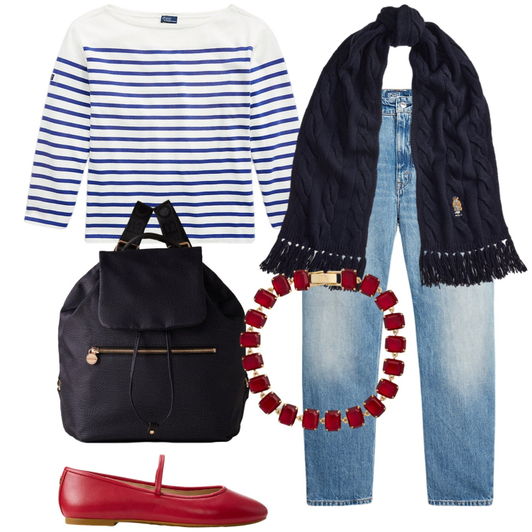 Outfit donna - Vacanze al mare. Stile Casual chic per Tutti i giorni. Abbinamento con zaini, t-shirt, jeans, ballerine, braccialetti, sciarpe.