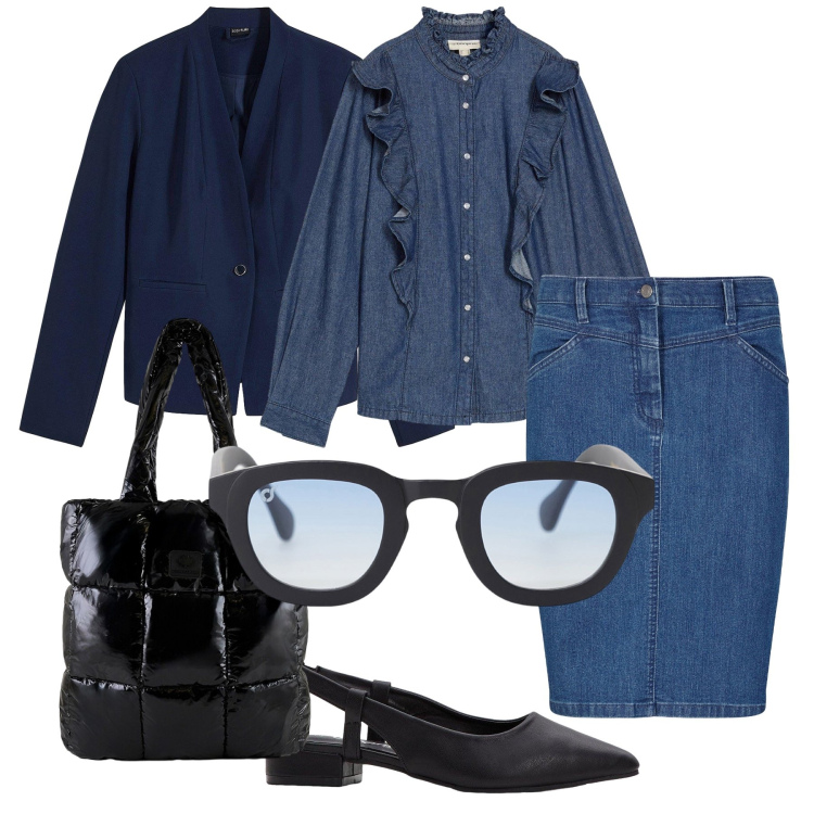 Outfit donna - Tubino jeans ok per il lavoro. Stile Sporty chic per Ufficio. Abbinamento con camicie, gonne, blazer, décolleté, occhiali da sole, shopping bag.