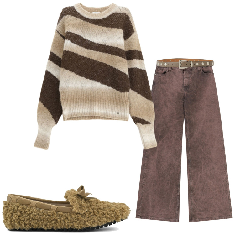 Outfit donna - Relax home. Stile Basic per Tutti i giorni. Abbinamento con pantaloni a palazzo, pullovers, cinture, mocassini.