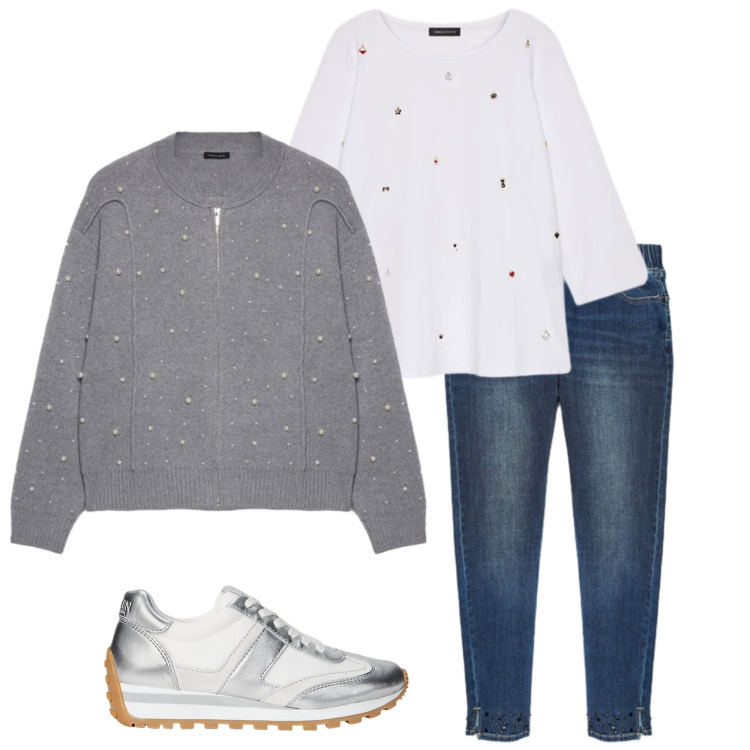 Outfit donna - Casual style. Stile Casual per Tutti i giorni. Abbinamento con sneakers, t-shirt, cardigans, jeggings.