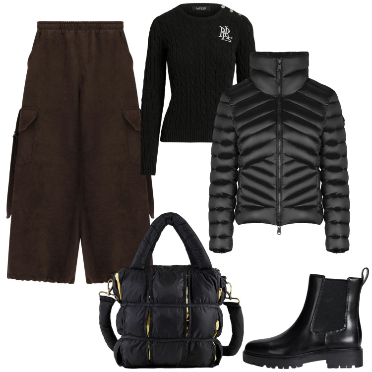 Outfit donna - Pantaloni a palazzo cargo. Stile Casual per Tutti i giorni. Abbinamento con pantaloni a palazzo, maglieria, stivaletti chelsea, piumini, borse a mano.