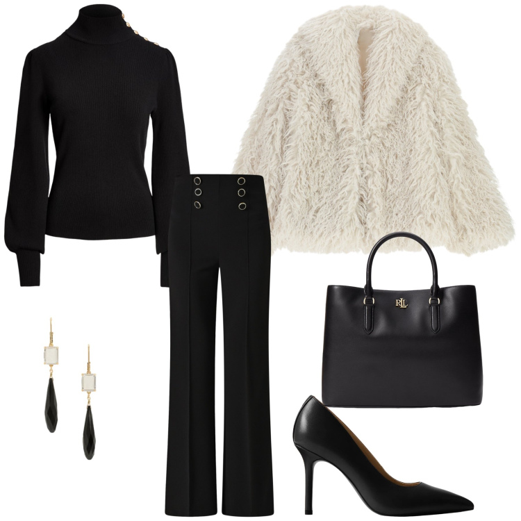 Outfit donna - Total look #2303043. Stile Chic per Serata fuori. Abbinamento con pantaloni, ecopellicce, maglieria, borse a mano, décolleté, orecchini.