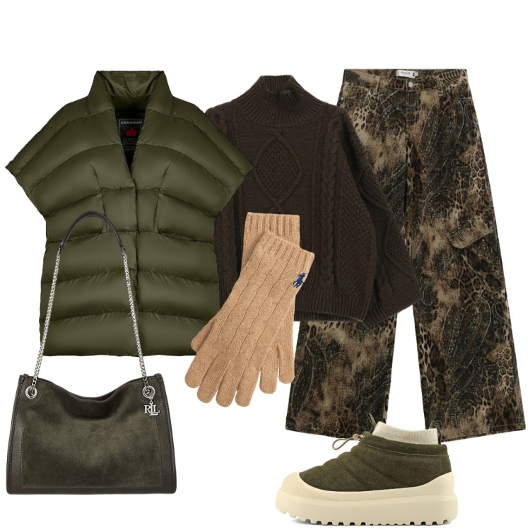 Outfit donna - In città warm & chic. Stile Casual chic per Tutti i giorni. Abbinamento con pantaloni cargo, maglieria, guanti, borse tote, piumini, stivaletti.