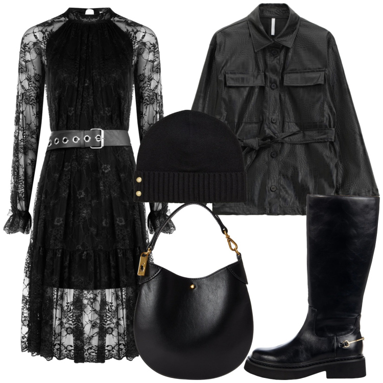 Outfit donna - Abito con pizzo nero. Stile Rock per Serata fuori. Abbinamento con stivali sopra il ginocchio, vestiti midi/longuette, cappotti, pochette, berretti.