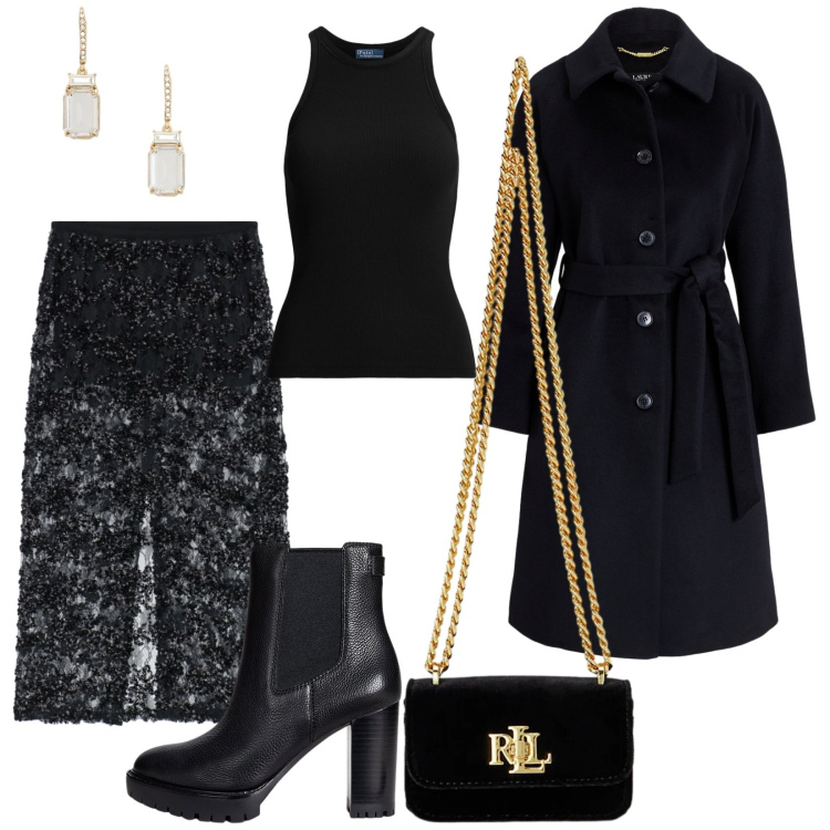 Outfit donna - Tante paillettes. Stile Rock per Serata fuori. Abbinamento con gonne longuette, canottiere, stivaletti chelsea, pochette, cappotti, orecchini.
