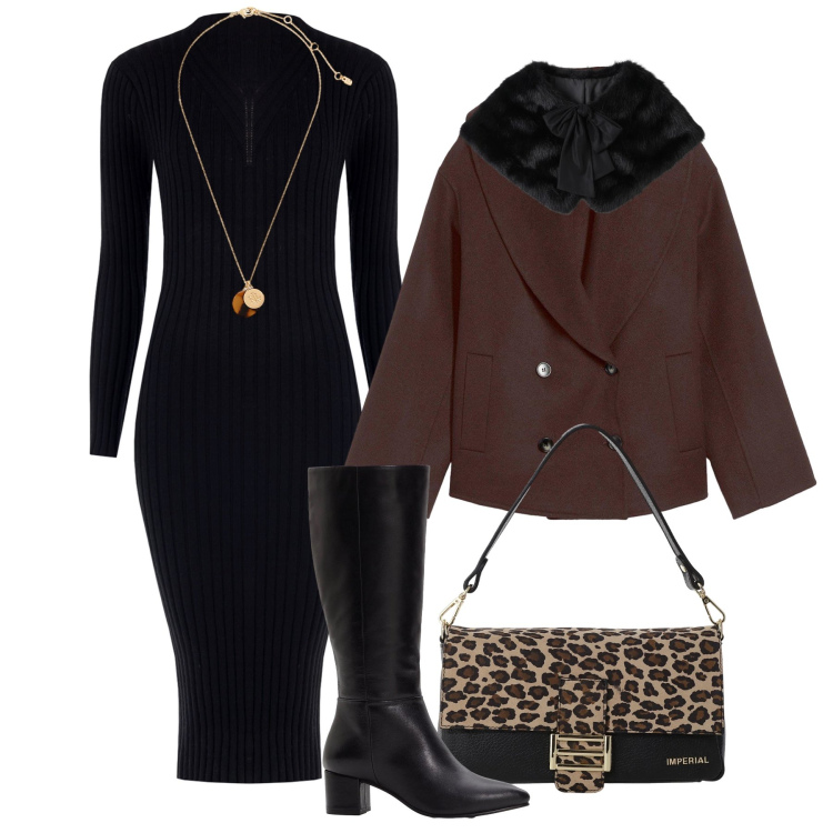 Outfit donna - Total look H24. Stile Glamour per Tutti i giorni. Abbinamento con caban, stivali, vestiti a tubino, stole, borse a spalla, collane.