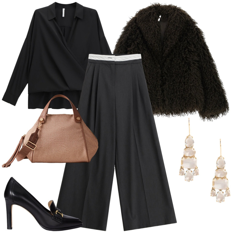 Outfit donna - Ecopelliccia cropped. Stile Chic per Serata fuori. Abbinamento con ecopellicce, pantaloni a palazzo, camicie, borse a mano, orecchini, décolleté.