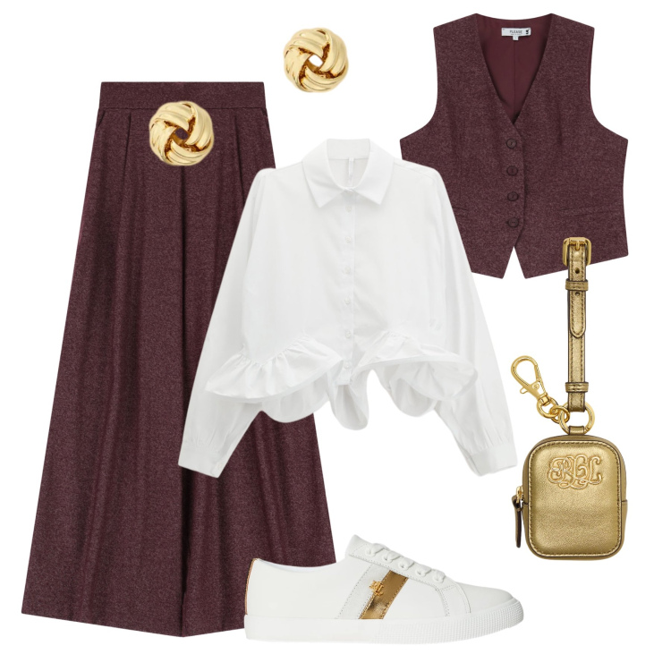 Outfit donna - Total look Vigilia di Natale. Stile Casual chic per Tutti i giorni. Abbinamento con pantaloni a palazzo, gilet, camicie, sneakers, pochette, orecchini.