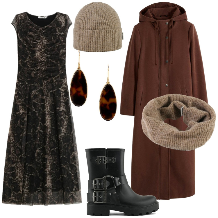 Outfit donna - Abito Animalier. Stile Trendy per Serata fuori. Abbinamento con cappotti, vestiti lunghi, orecchini, scaldacollo, berretti, stivali.