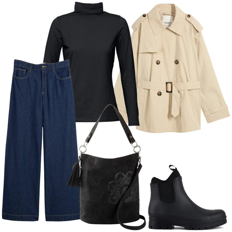 Outfit donna - Il trench beige. Stile Casual per Tutti i giorni. Abbinamento con jeans dritti, maglieria, borse a mano, trench, stivali.