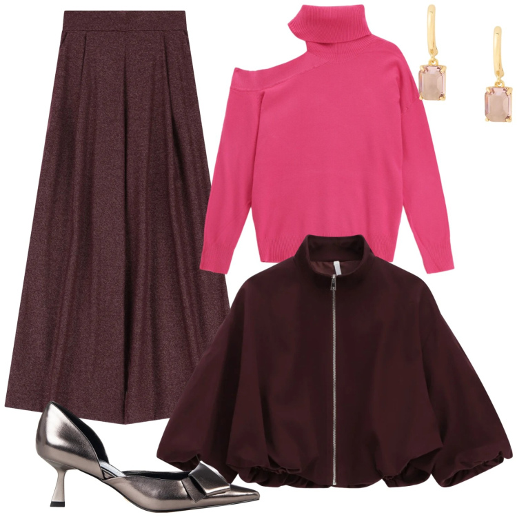 Outfit donna - Colori di tendenza. Stile Trendy per Serata fuori. Abbinamento con pantaloni a palazzo, décolleté, bomber, maglieria, orecchini.