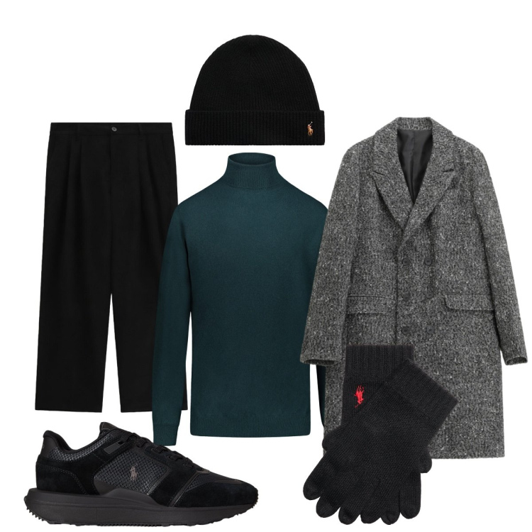 Outfit uomo - In città. Stile Business/Elegante per Ufficio. Abbinamento con pantaloni, cappotti, berretti, sneakers, guanti, maglieria.