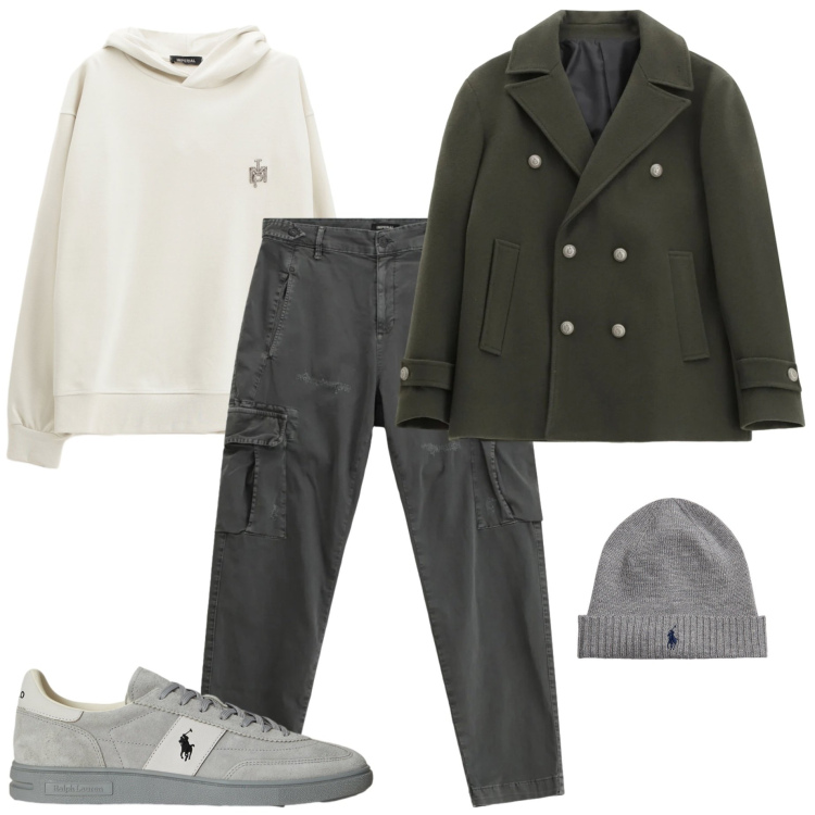 Outfit uomo - Toni di grigio. Stile Urban per Tutti i giorni. Abbinamento con felpe con cappuccio, cappotti, pantaloni cargo, berretti, sneakers.