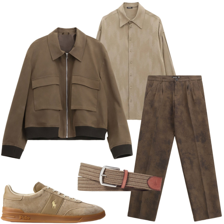Outfit uomo - Mocha mousse. Stile Trendy per Serata speciale. Abbinamento con pantaloni, camicie, giacche, cinture, sneakers.