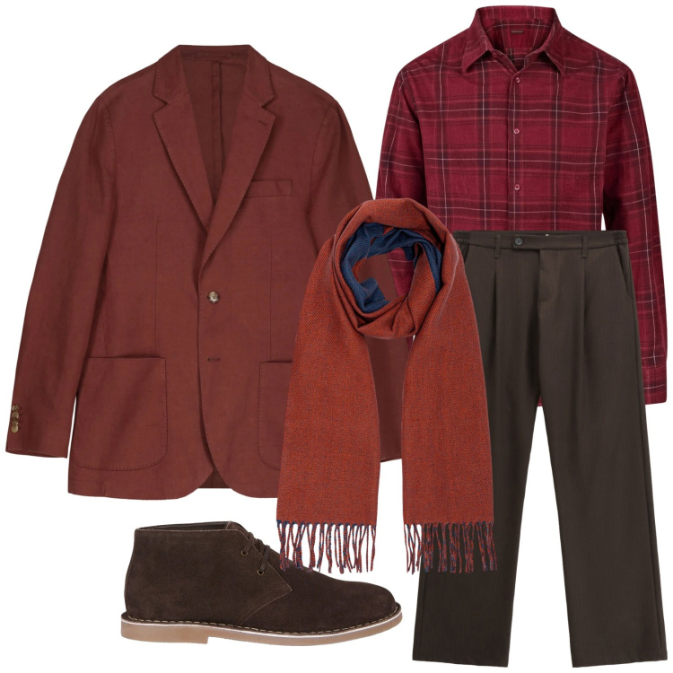 Outfit uomo - Caldi contrasti. Stile Trendy per Tutti i giorni. Abbinamento con pantaloni, giacche, stivali e stivaletti, sciarpe, camicie.