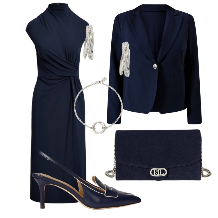 Outfit donna - L\'eleganza in blu. Stile Chic per Serata fuori. Abbinamento con blazer, braccialetti, orecchini, borse a tracolla, décolleté, vestiti a tubino.