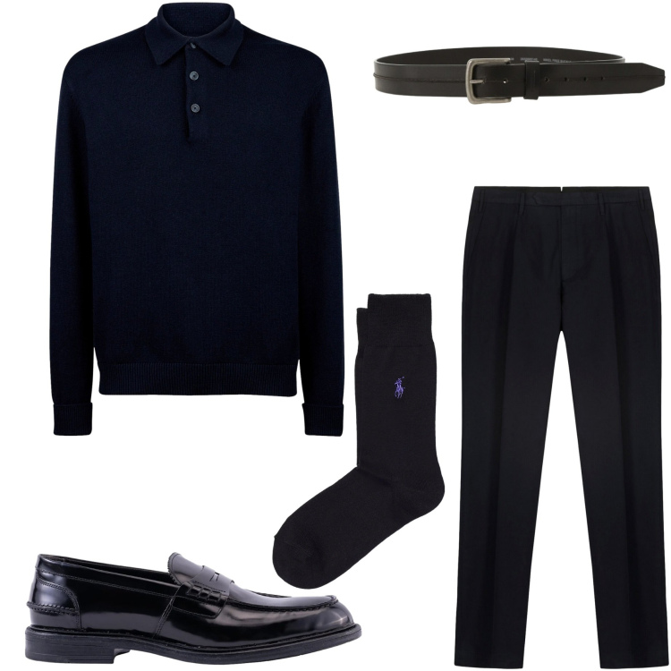 Outfit uomo - In ufficio. Stile Business/Elegante per Ufficio. Abbinamento con cinture, calzini, polo, scarpe stringate, pantaloni.