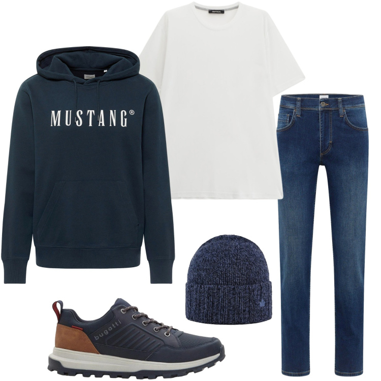 Outfit uomo - Casual style. Stile Casual per Tutti i giorni. Abbinamento con jeans dritti, felpe con cappuccio, sneakers, t-shirt, cappelli.