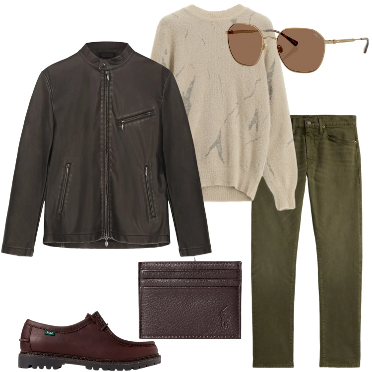 Outfit uomo - Dicembre. Stile Urban per Tutti i giorni. Abbinamento con maglieria, portafogli, scarpe stringate, occhiali da sole, jeans, giacche.