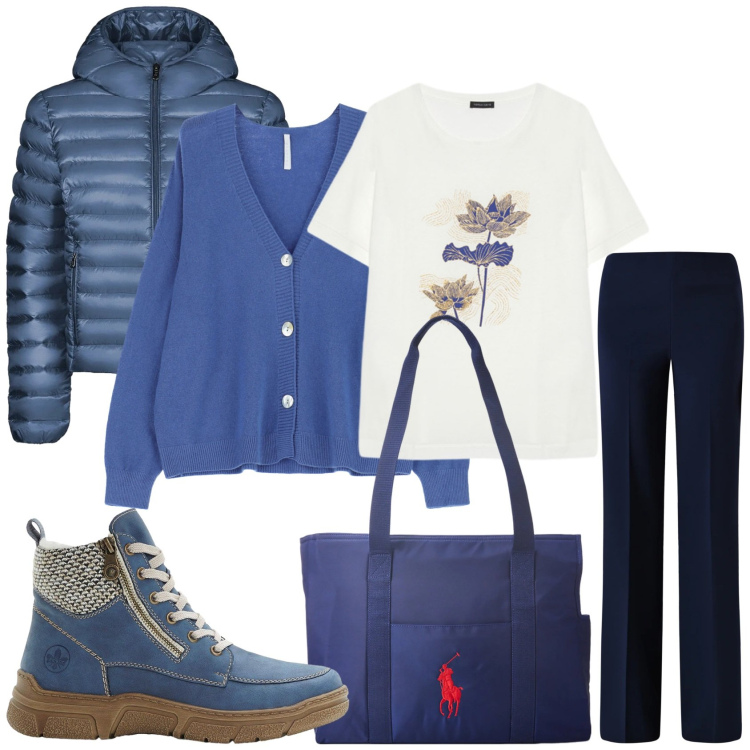 Outfit donna - Cardigan con bottoni. Stile Casual chic per Tutti i giorni. Abbinamento con stivaletti, pantaloni a palazzo, cardigans, borse tote, bomber, t-shirt.