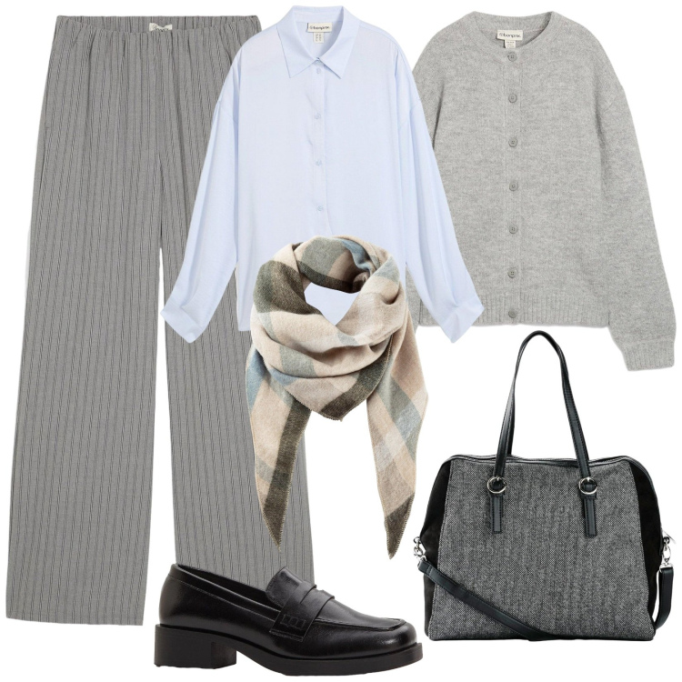 Outfit donna - Minimal elegante. Stile Minimal per Tutti i giorni. Abbinamento con sciarpe, pantaloni, cardigans, camicie, mocassini, borse a mano.