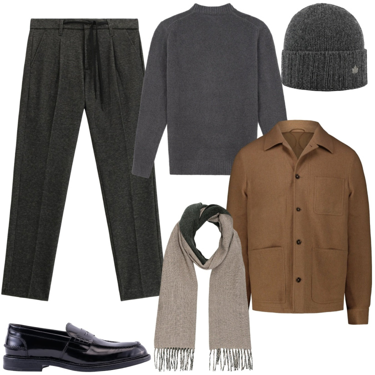 Outfit uomo - Cena di dicembre. Stile Urban per Tutti i giorni. Abbinamento con pantaloni, cappelli, sciarpe, scarpe stringate, cappotti, maglieria.